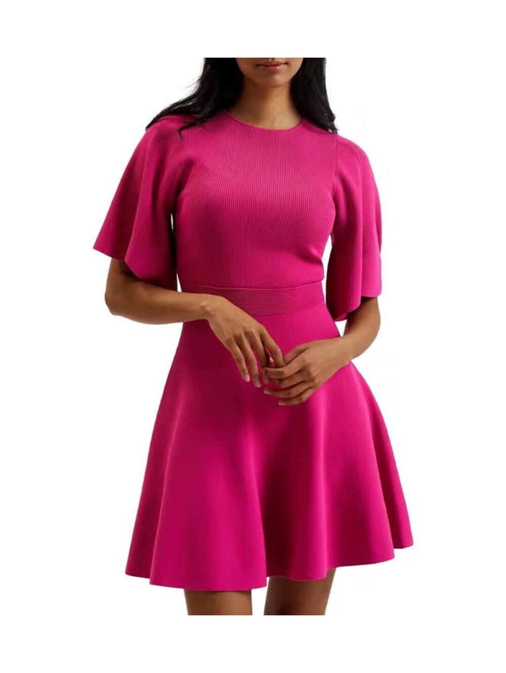 Nwt Ted Baker Women Pink Fluted Sleeve Rib-Knit Skater Dress size 5 US 12 L